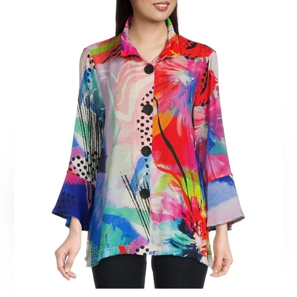 Ali Miles Mix Print Wearable Art to Wear Blouse Button Artsy Wired Collar Top M - Picture 1 of 13